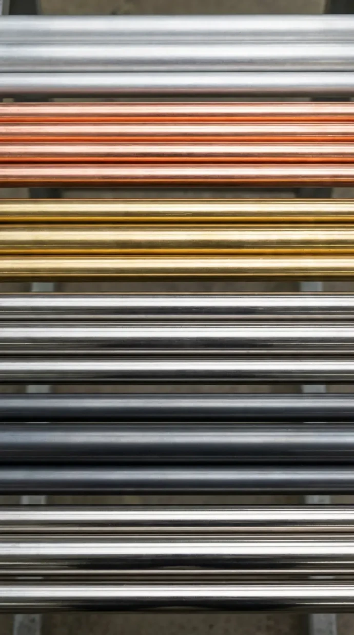 Verschiedene Metallstangen aus Edelstahl, Aluminium, Werkzeugstagl und Messing für die Drehteilefertigung