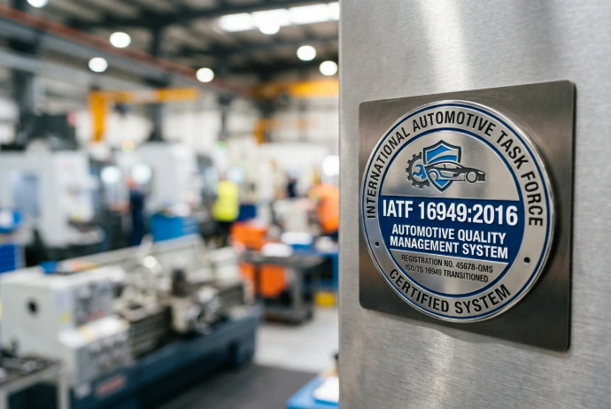 IATF-16949-Badge im Vordergrund, Fertigungsumgebung von Geissler leicht verschwommen im Hintergrund