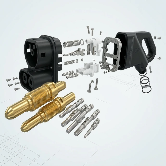 CCS-Stecker mit sichtbaren Kontakten, in den Präzisionsdrehteile für die Elektrotechnik eingebaut werden